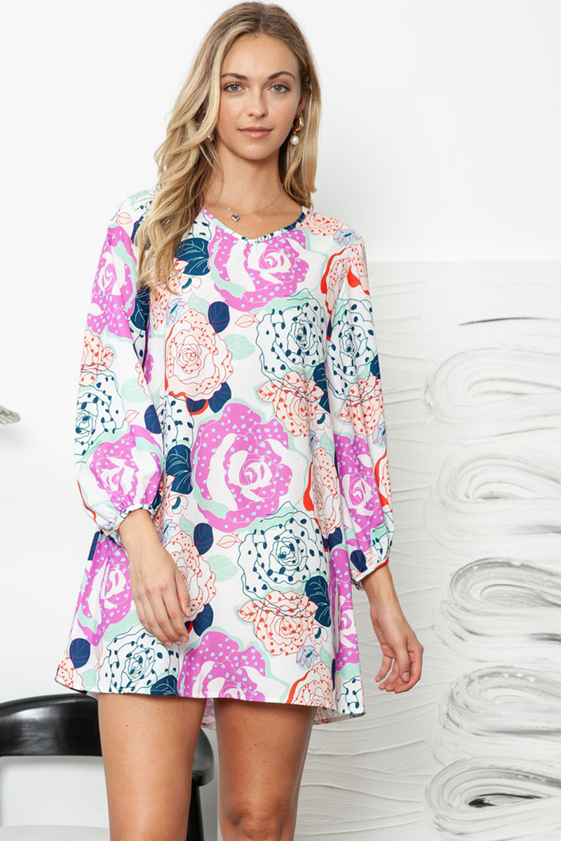 Multicolor Floral Print V Neck Bohemian Tunic Dress