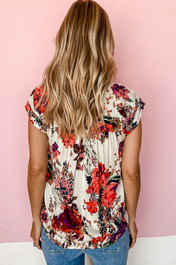 Red Floral Print Short Sleeve Blouse for Women