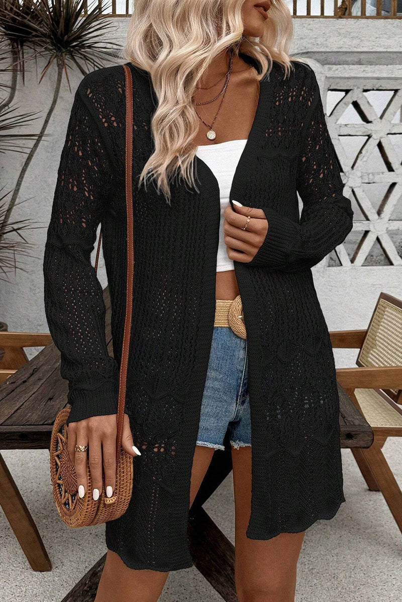 Black Hollow Out Crochet Open Front Cardigan