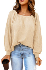 Brown Waffle Texture Casual Square Neck Pullover Top