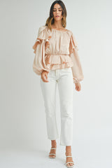 Oatmeal Elegant Satin Ruffle Peplum Blouse