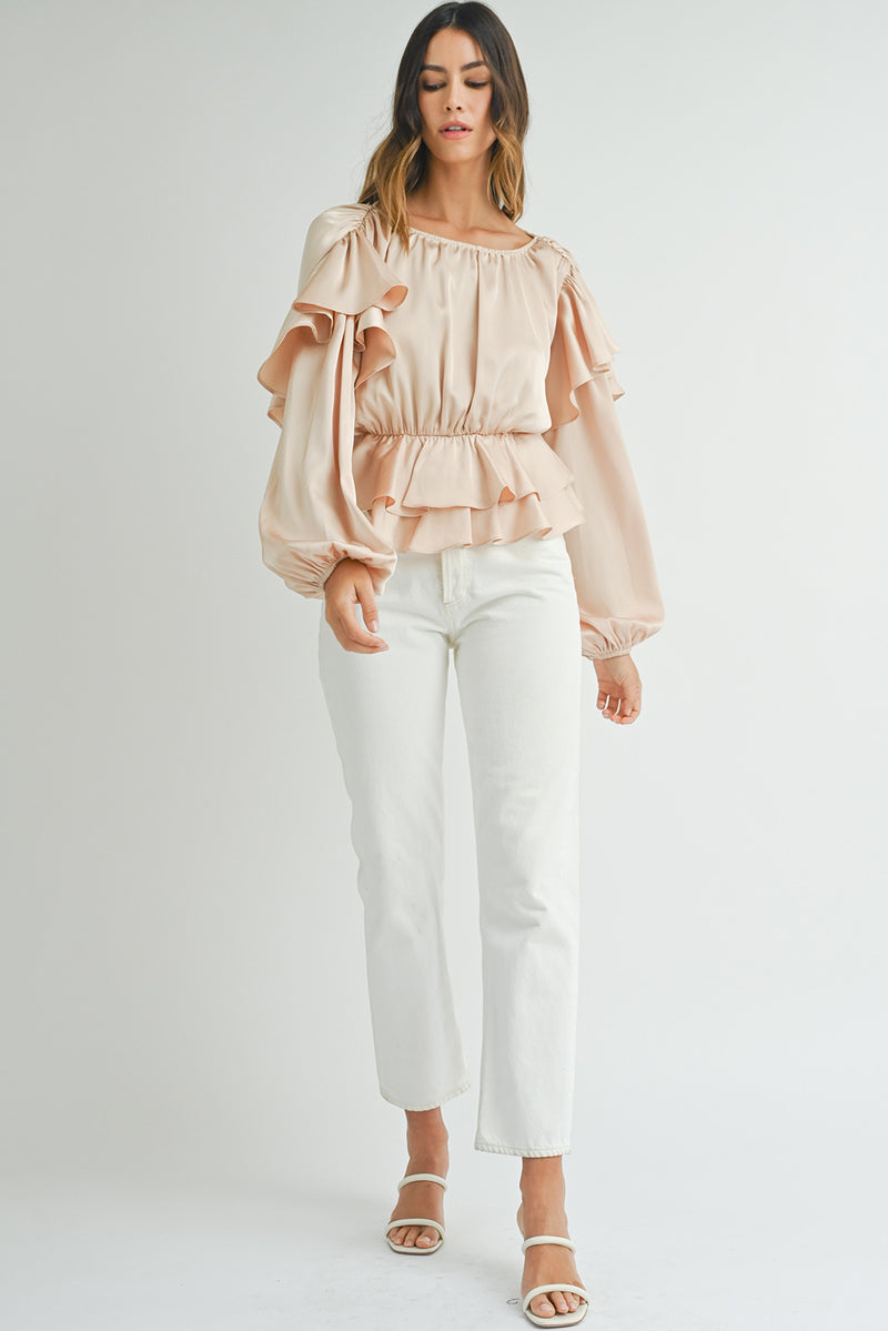 Oatmeal Elegant Satin Ruffle Peplum Blouse