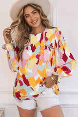 Multicolor Abstract Print Boho Ruffle Puff Sleeve Blouse