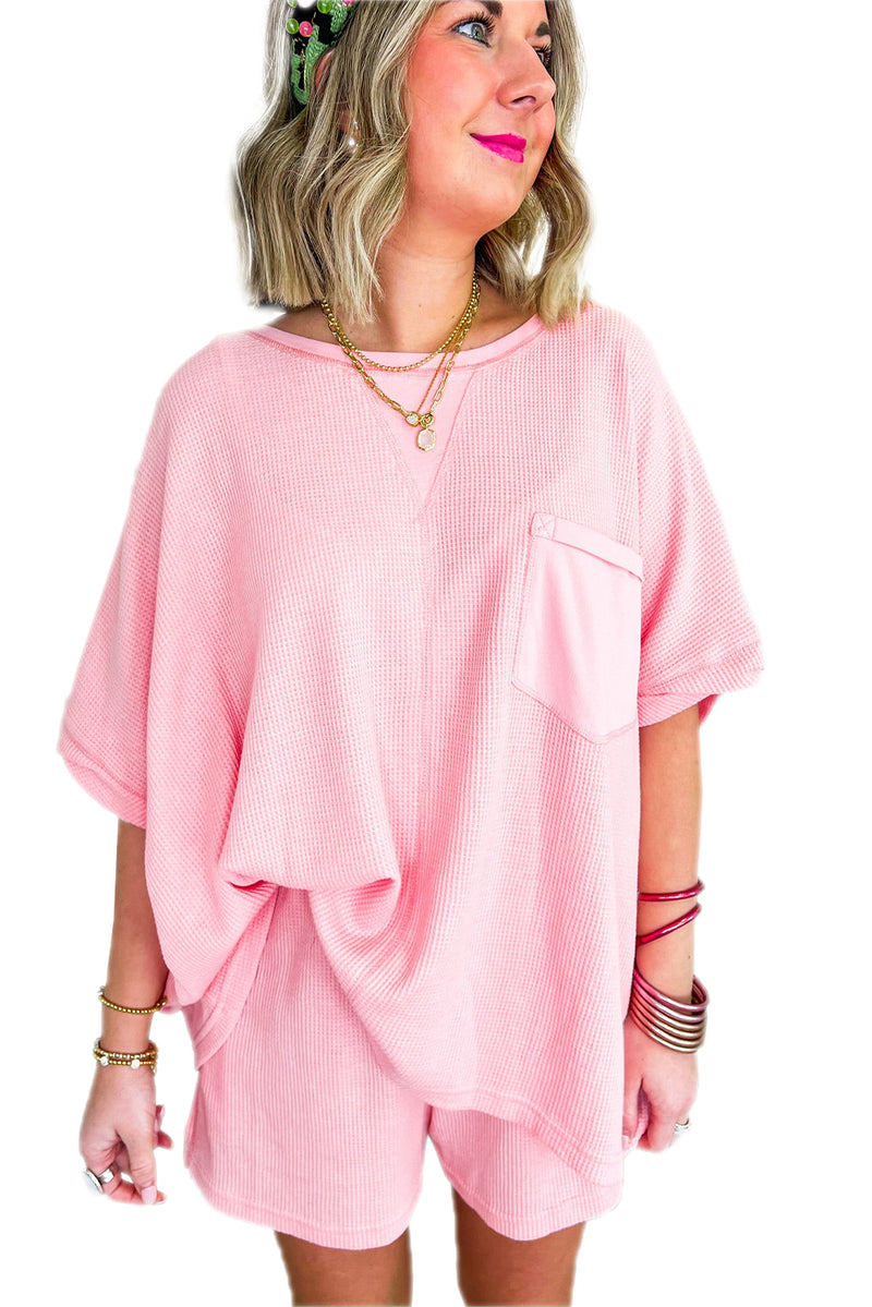 Light Pink Waffle Knit Oversize Tee and Shorts Set