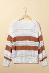 White Casual Stripe Print Knit Puff Sleeve Sweater