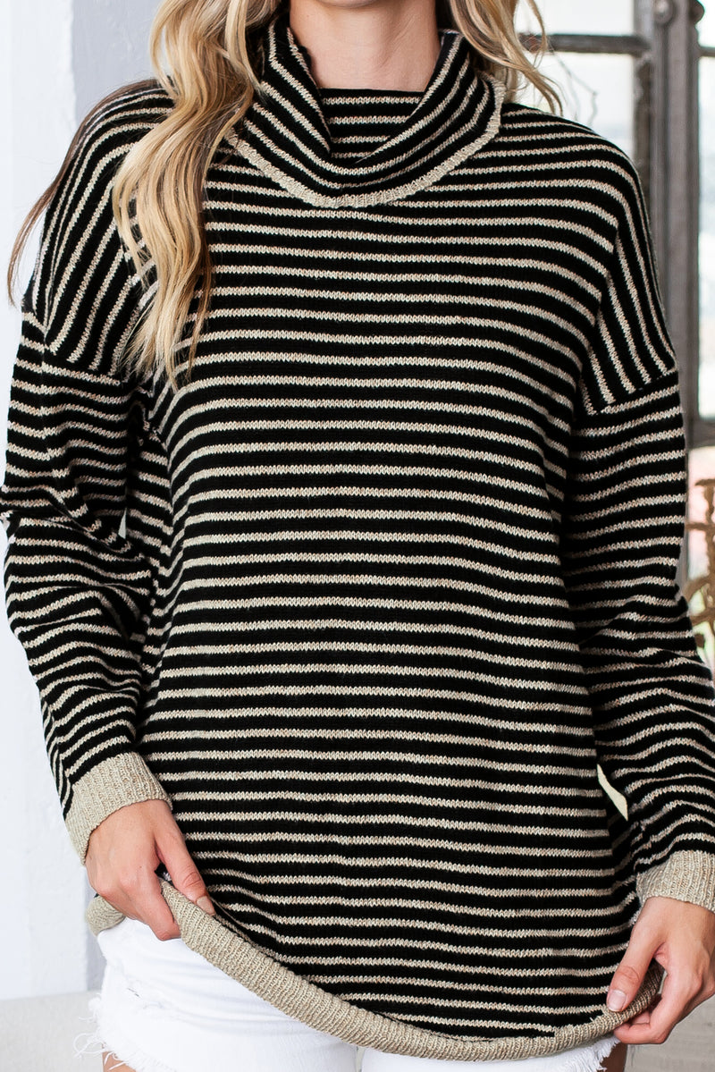 Black Striped Turtleneck Long Sleeve Sweater