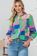 Multicolor Floral Patchwork Buttoned Puff Sleeve Shirt