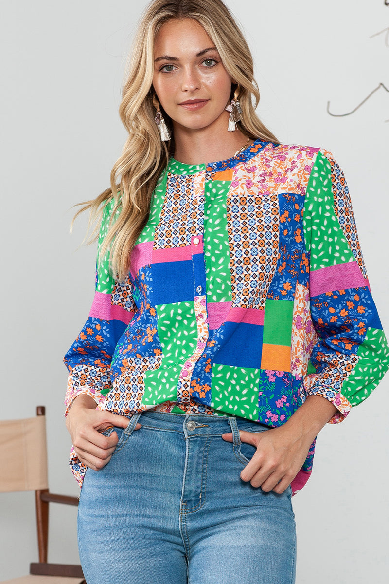 Multicolor Floral Patchwork Buttoned Puff Sleeve Shirt