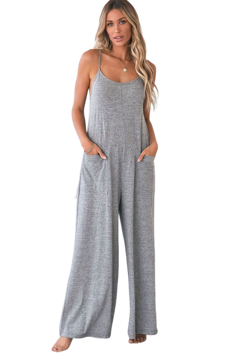 Gray Loose Fit Side Pockets Spaghetti Strap Wide Leg Jumpsuit