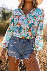 Light Blue Floral Print Boho Wrap V Neck Puff Sleeve Bodysuit