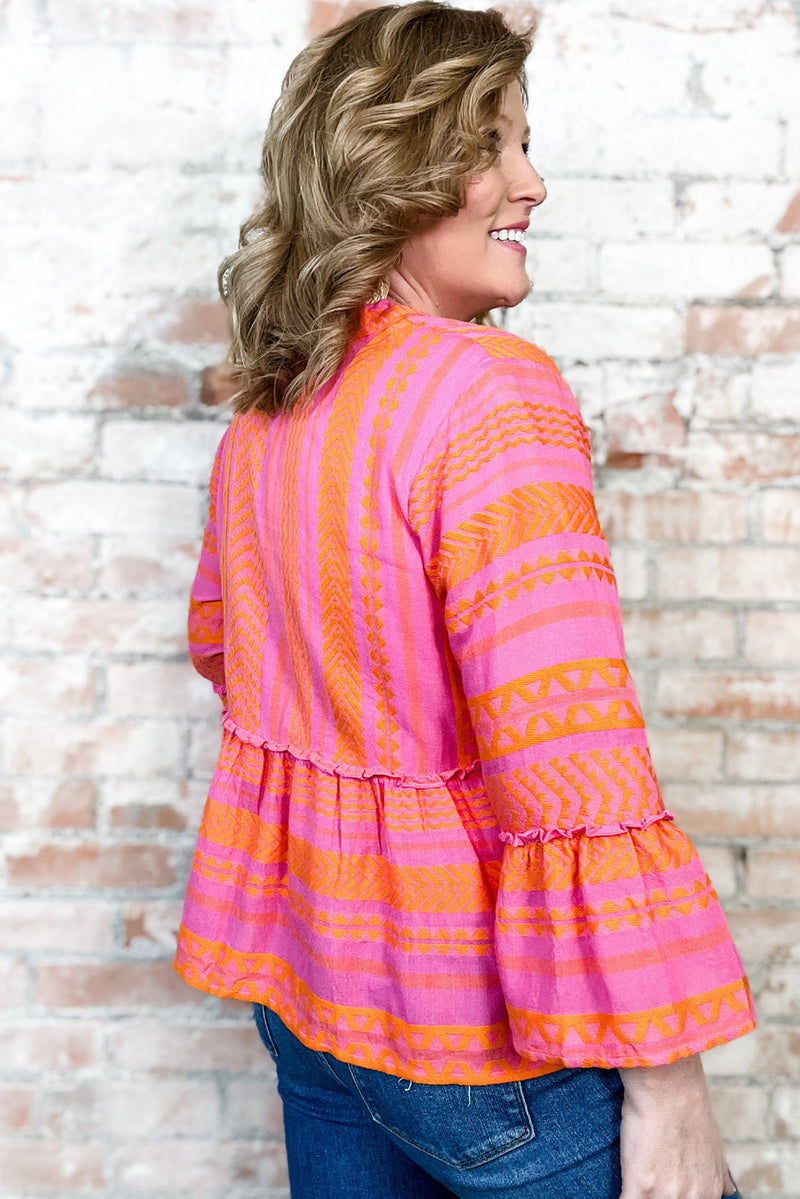 Vitality Orange Geometric Bell Sleeve Plus Babydoll Top