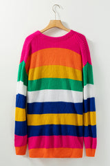 Multicolor Striped Print Button Front Knitted Long Cardigan