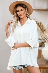 White Plain 3/4 Batwing Sleeve Oversize Button Up Blouse