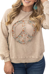 Pale Khaki Floral Peace Graphic Washed Plus Size Sweatshirt