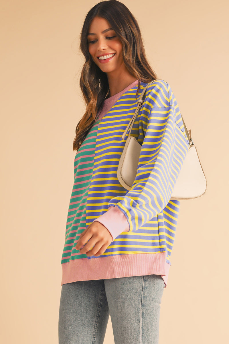 Green Stripe Colorblock Drop Shoulder Oversized Sweatshirt