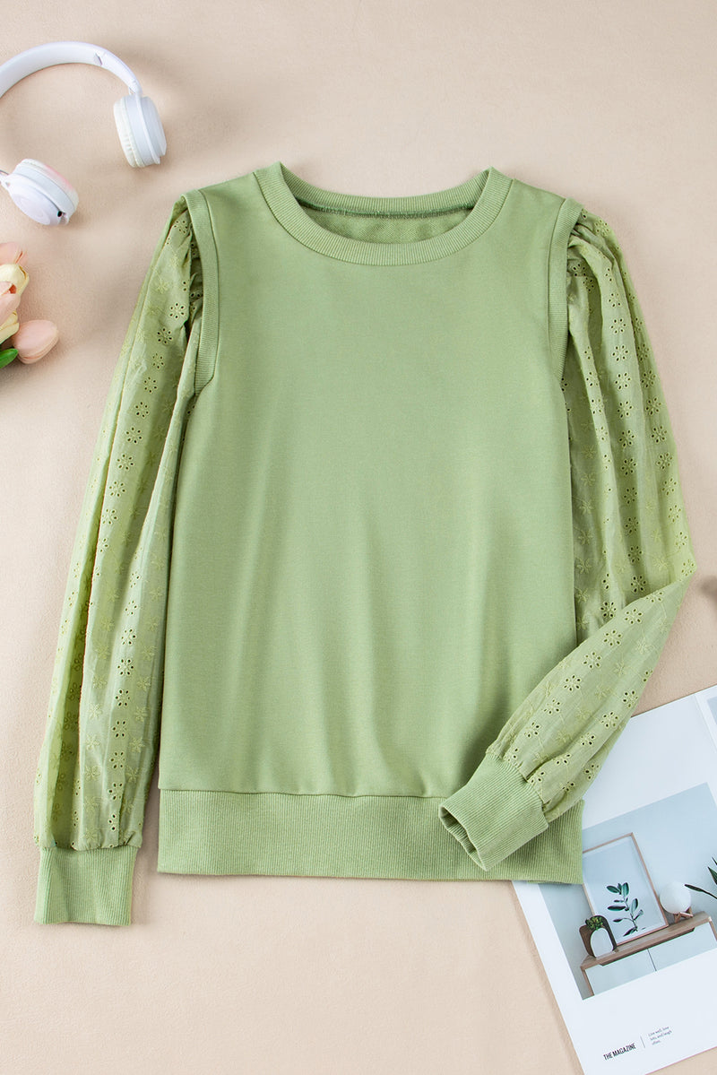 Mist Green Eyelet Embroidered Sleeve Patchwork Ribbed Sweatshirt