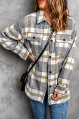 Brown Plaid Print Casual Pocket Shacket