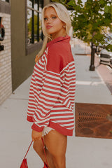 Red Stripe Collared V Neck Drop Shoulder Top