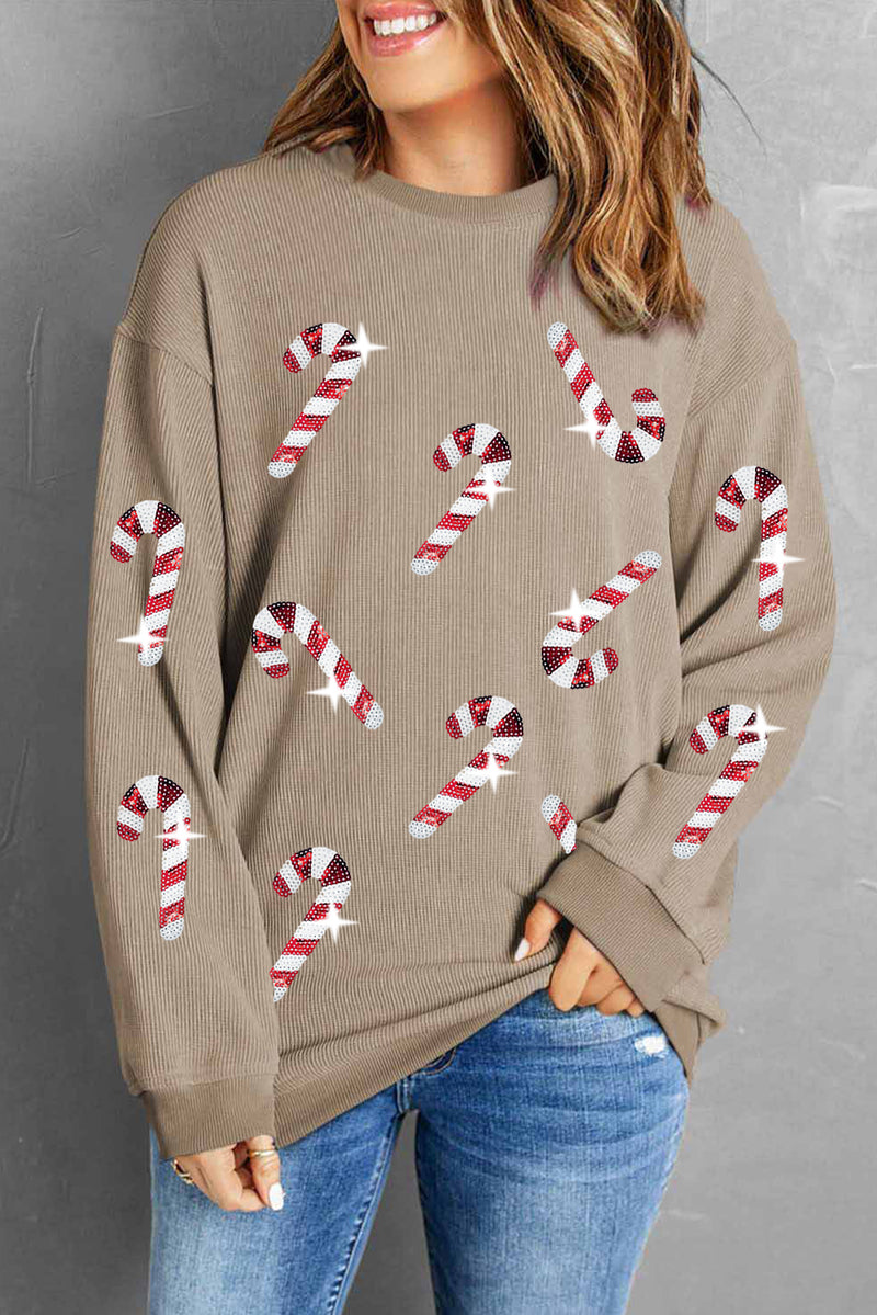 Gray Xmas Candy Cane Sequins Graphic Corded Sweatshirt