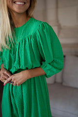 Dark Green Solid Color Round Neck Puff Sleeve Mini Dress
