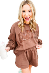 Straw Yellow Sequins COFFEE Loose Fit Sweatshirt and Shorts Set