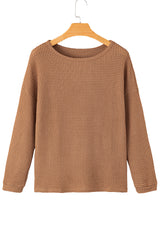 Khaki Waffle Knit Casual Drop Shoulder Long Sleeve Top