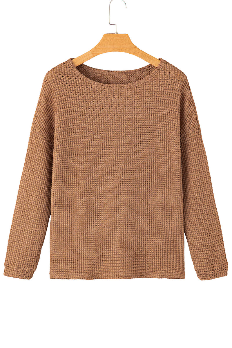 Khaki Waffle Knit Casual Drop Shoulder Long Sleeve Top