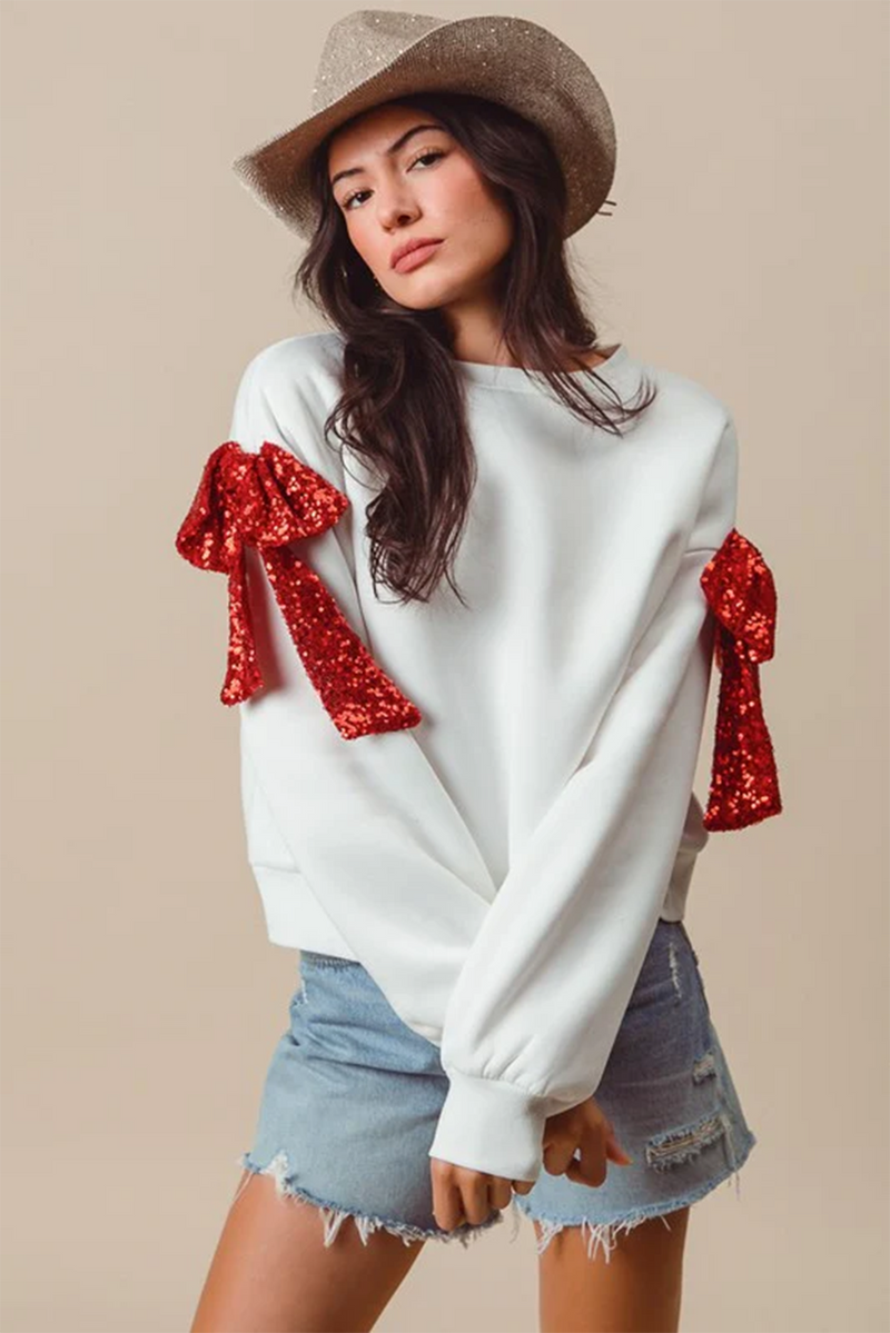 White Bow Knot Long Sleeve Crewneck Casual Sweatshirt