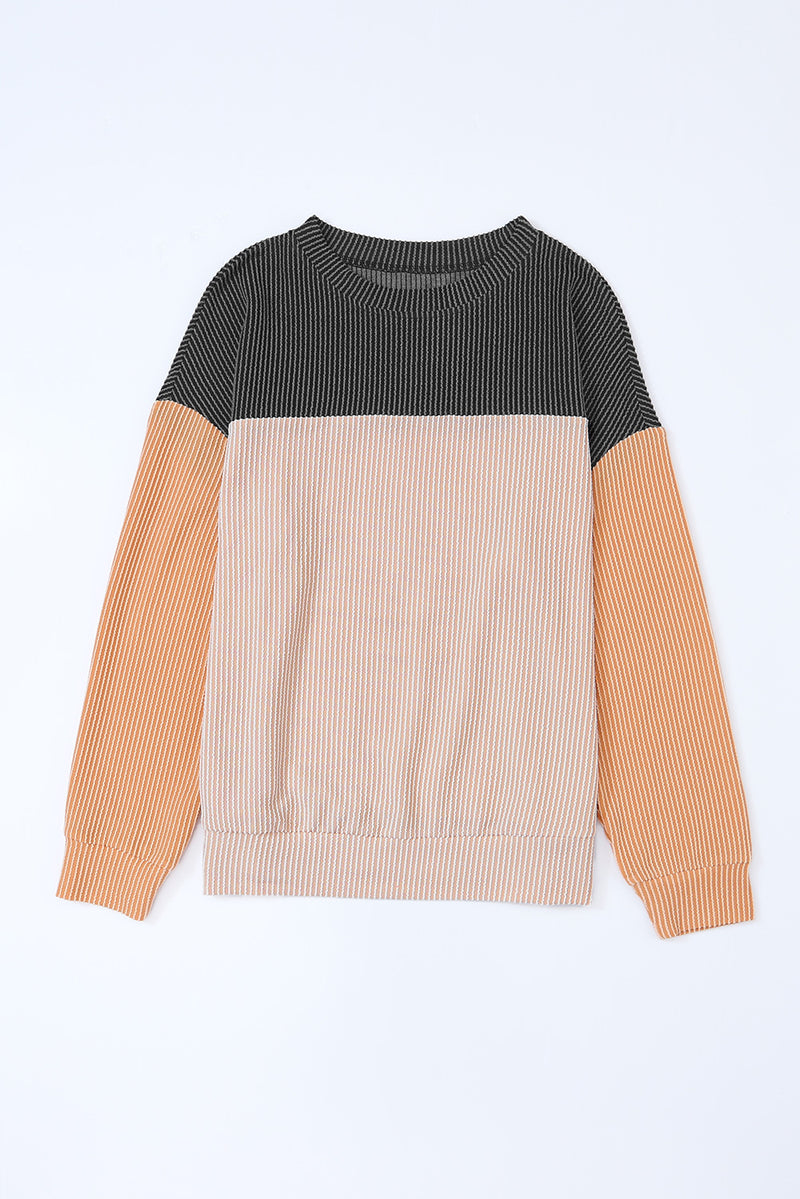 Black Color Block Corduroy Long Sleeve Top