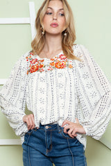 Beige Bohemian Floral Embroidered Printed Buttons Front Blouse