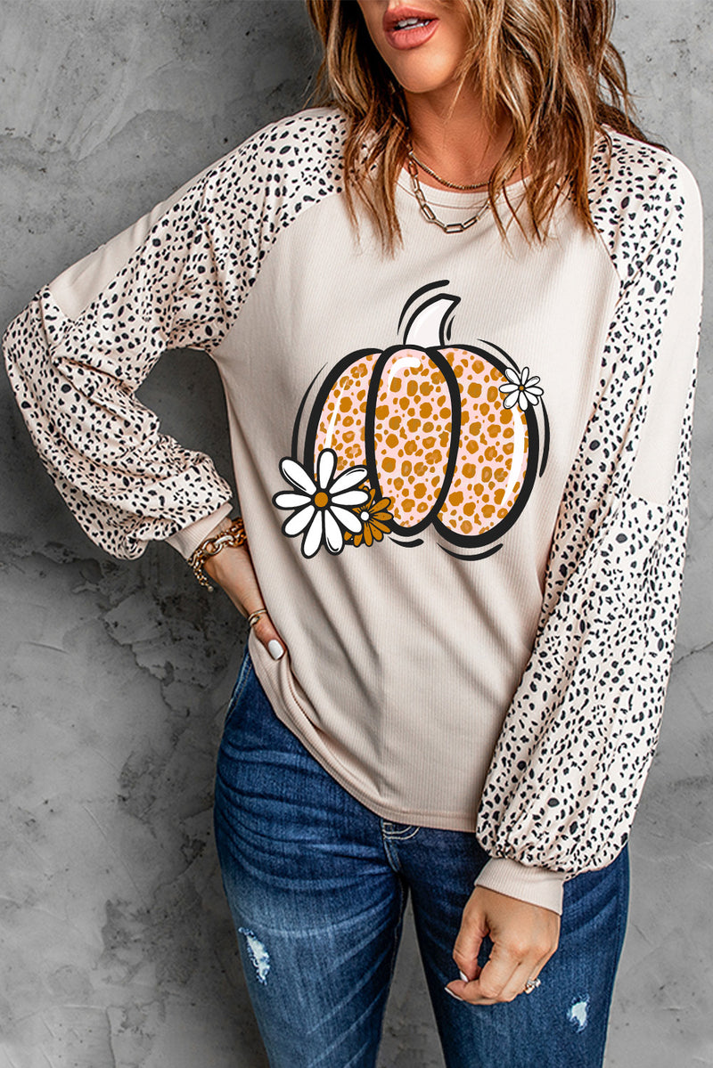 Khaki Leopard Floral Pumpkin Graphic Raglan Sleeve Sweatshirt