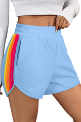 Beau Blue Color Block Striped Elastic High Waist Active Shorts