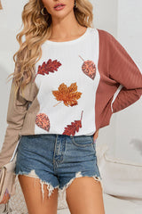 Apricot Colorblock Thanksgiving Sequin Fall Leaves Ribbed Knit Graphic Top