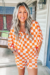 Orange Checkered Print V Neck Pocketed Pajama Set