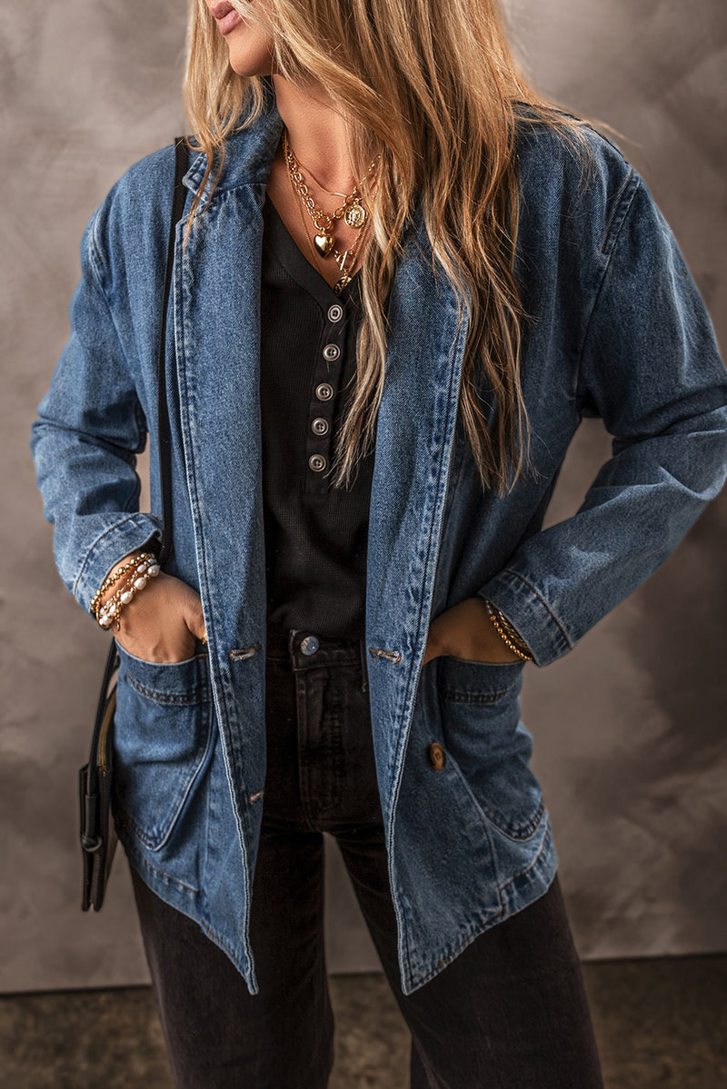 Black Lapel Collar Side Pockets Denim Jacket