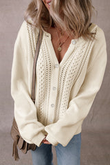 Apricot Pleated Sleeve Hollow Detail Button Knit Cardigan