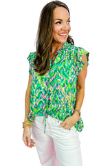 Green Abstract Print Frill Split Neck Ruffle Sleeveless Top