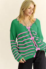 Green Stripe Sweet Bow Front Long Sleeve Cardigan