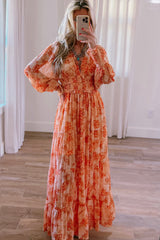 Orange Boho Floral Bishop Sleeve V Neck Tiered Maxi Dress