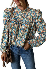 Sky Blue Floral Print Frill Neck Puff Sleeve Blouse