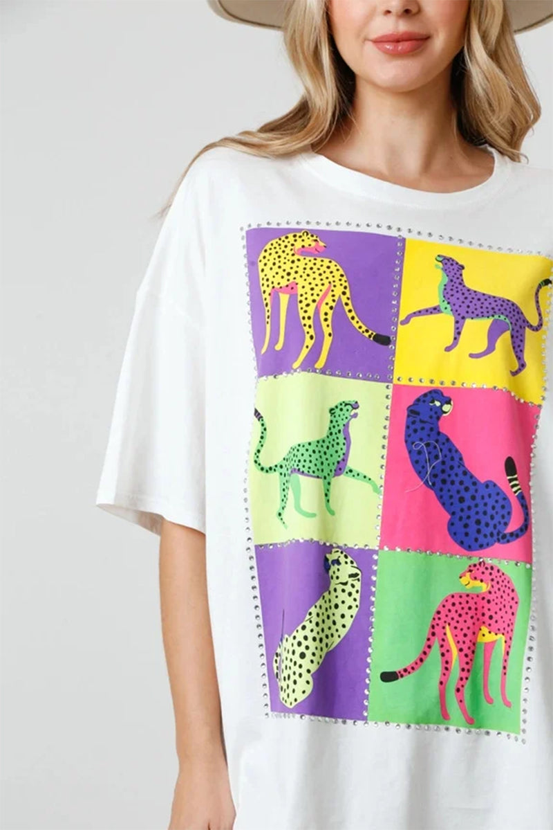 White Rhinestone Color Block Cheetah Print Round Neck T Shirt