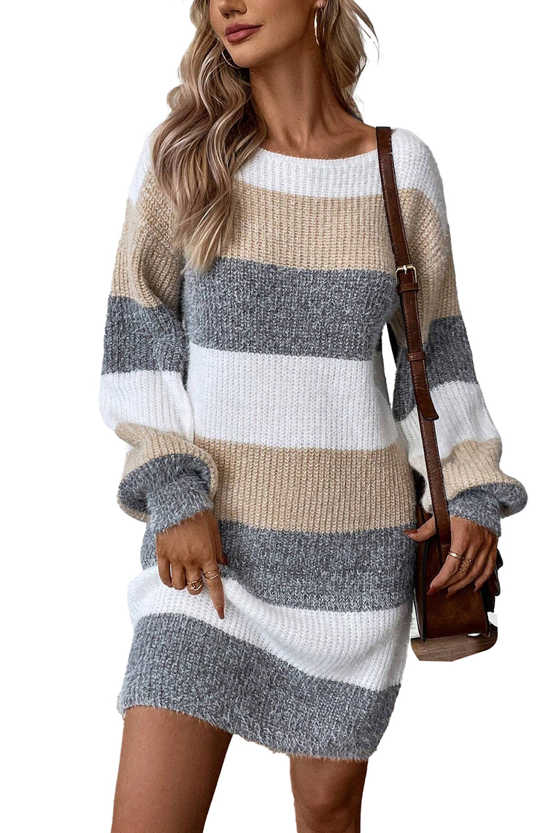 Gray Stripe Color Block Bubble Sleeve Drop Shoulder Sweater Dress