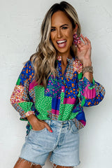 Multicolor Floral Patchwork Buttoned Puff Sleeve Shirt