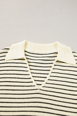 Beige Stripe Turn-down Collar Sleeveless Knitted Top