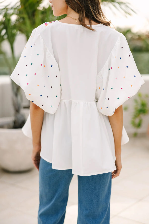 White Colorful Geometric Print V Neck Babydoll Blouse