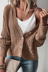 Dark Khaki Hollow Knit Drop Shoulder Cardigan