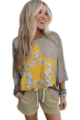 Medium Grey Floral Star Patched Exposed Seam Mineral Wash Top