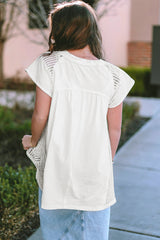 White Hollow Knit Splicing Keyhole Back Tunic Top