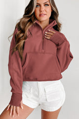 Brown Zip Up Stand Collar Thumbhole Sleeve Sweatshirt