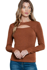 Brown Ribbed Peekaboo Cutout Long Sleeve Top